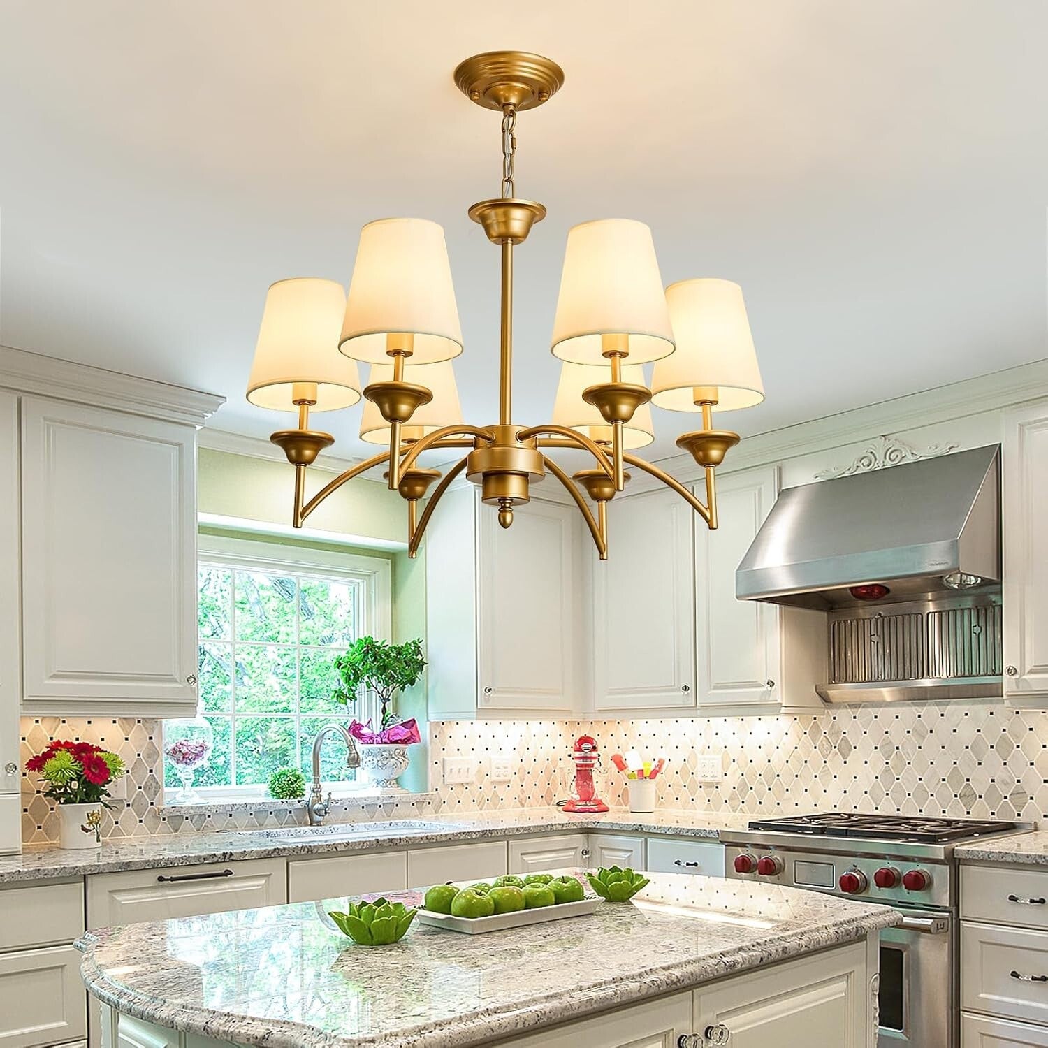 Elegant 6 Light Gold Pendant Chandelier with Fabric Shades - Modern Home Fixture