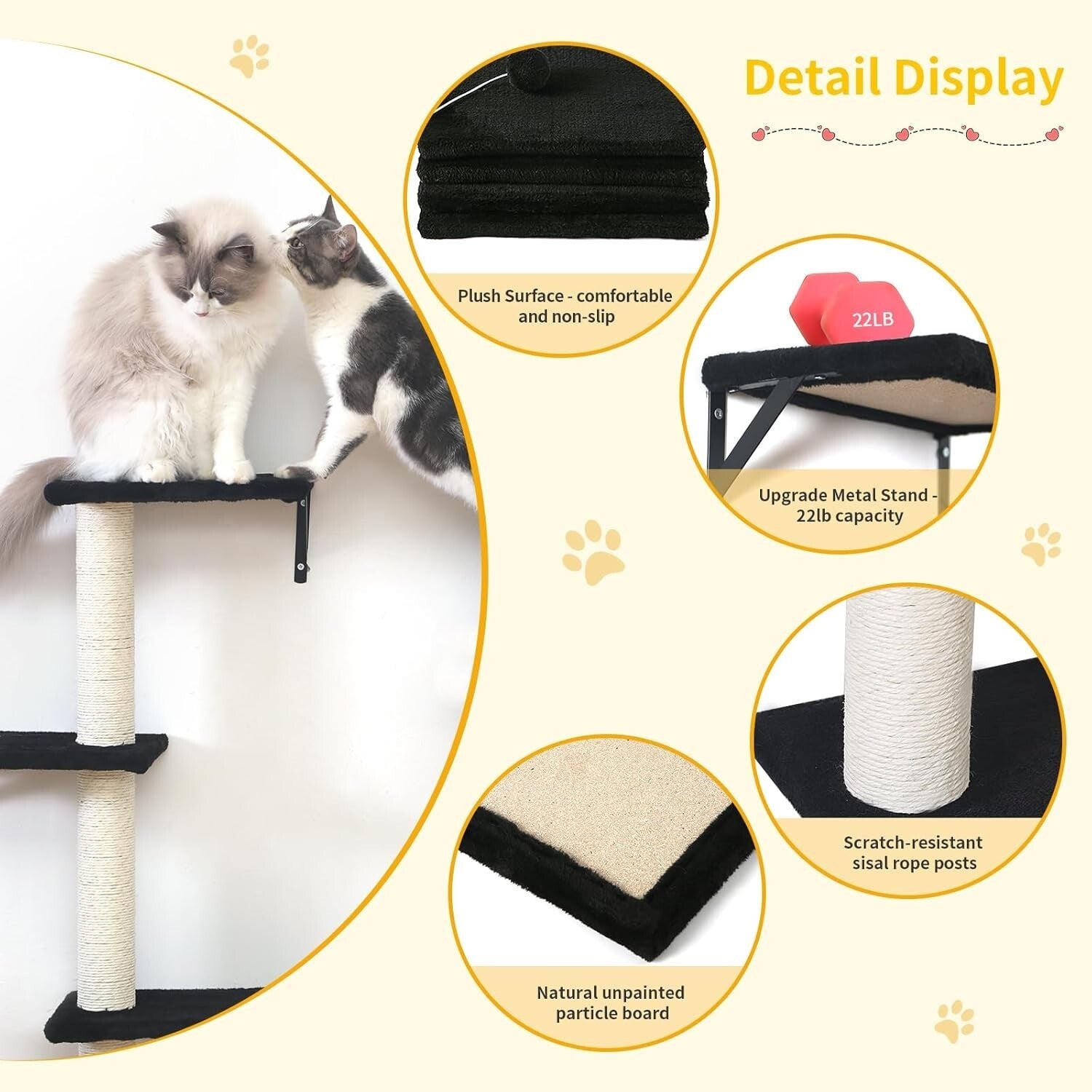 Durable Cat Wall Furniture - 5pcs Wooden Shelves, Bridge & Scratcher for Cats