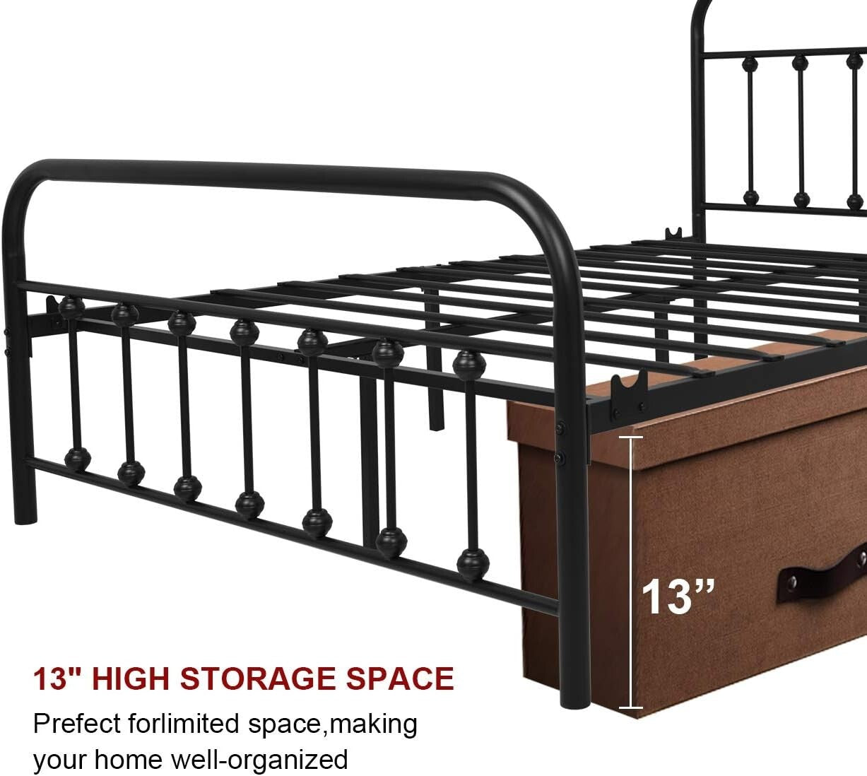 Powder Coated Full Size Bed Frame with Headboard - Space-Saving Storage Solution