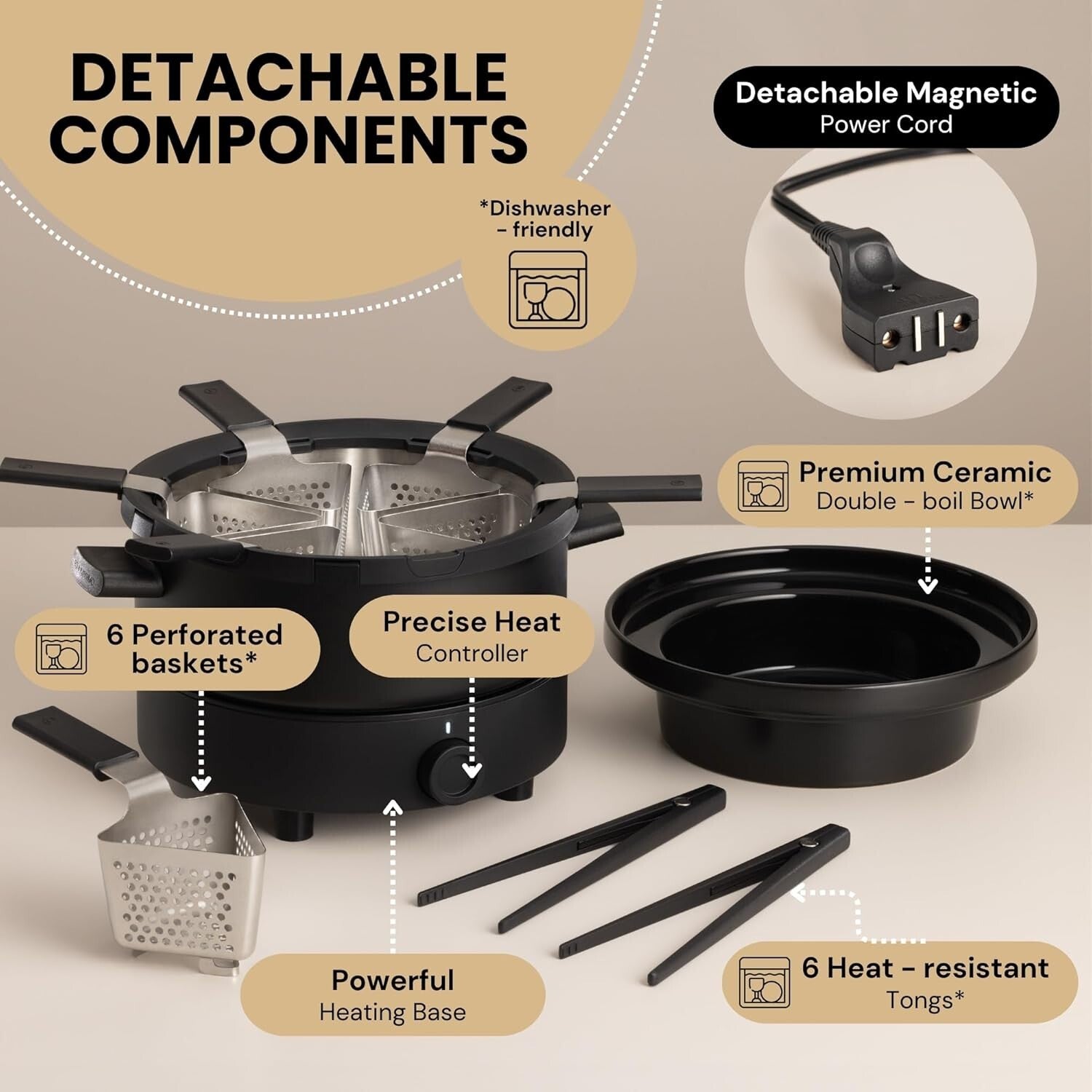 Ceramic Electric Fondue Set for Chocolate, Cheese & Broth - 6 Baskets Included