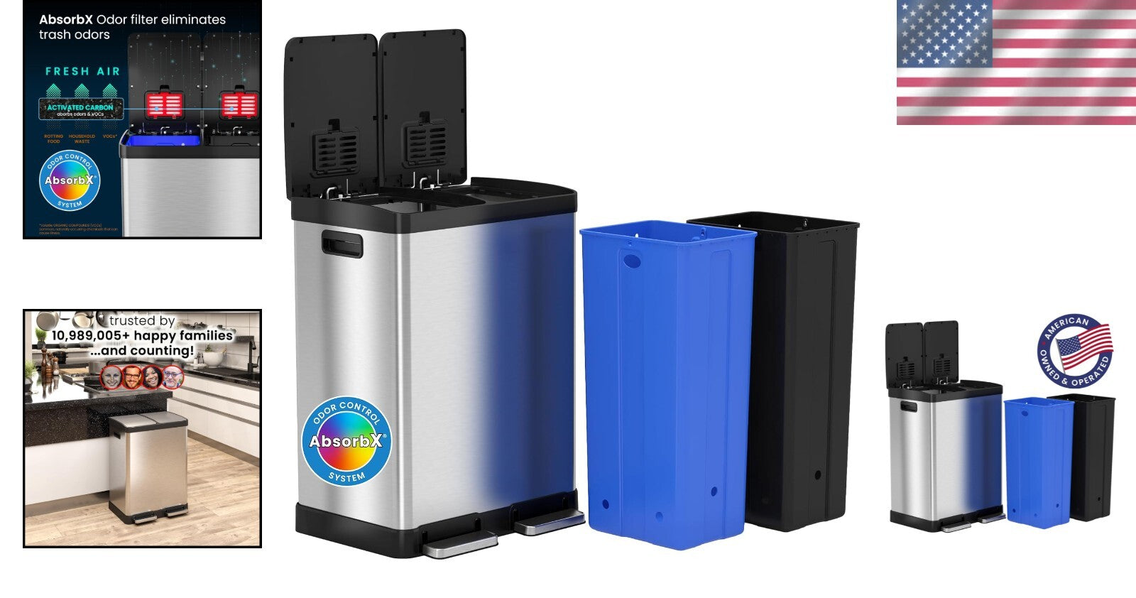 Elegant 16-Gallon Stainless Steel Dual Trash Can & Recycling Bin with Soft-Close