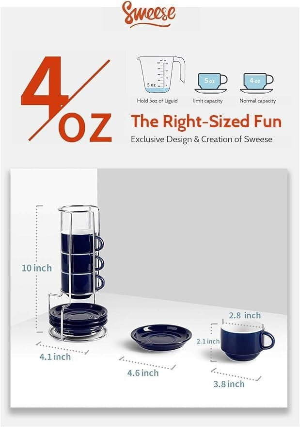Set of 4 Stackable 4oz Espresso Cups with Saucers & Stand - Navy Comfort