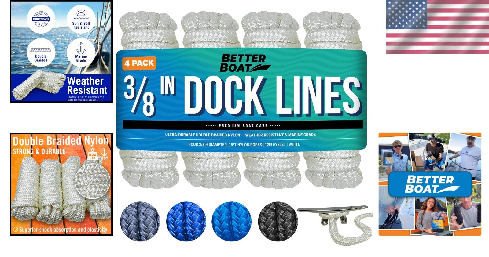 4 Pack 3/8" Double Braided Nylon Boat Dock Lines - 15ft Weather Resistant