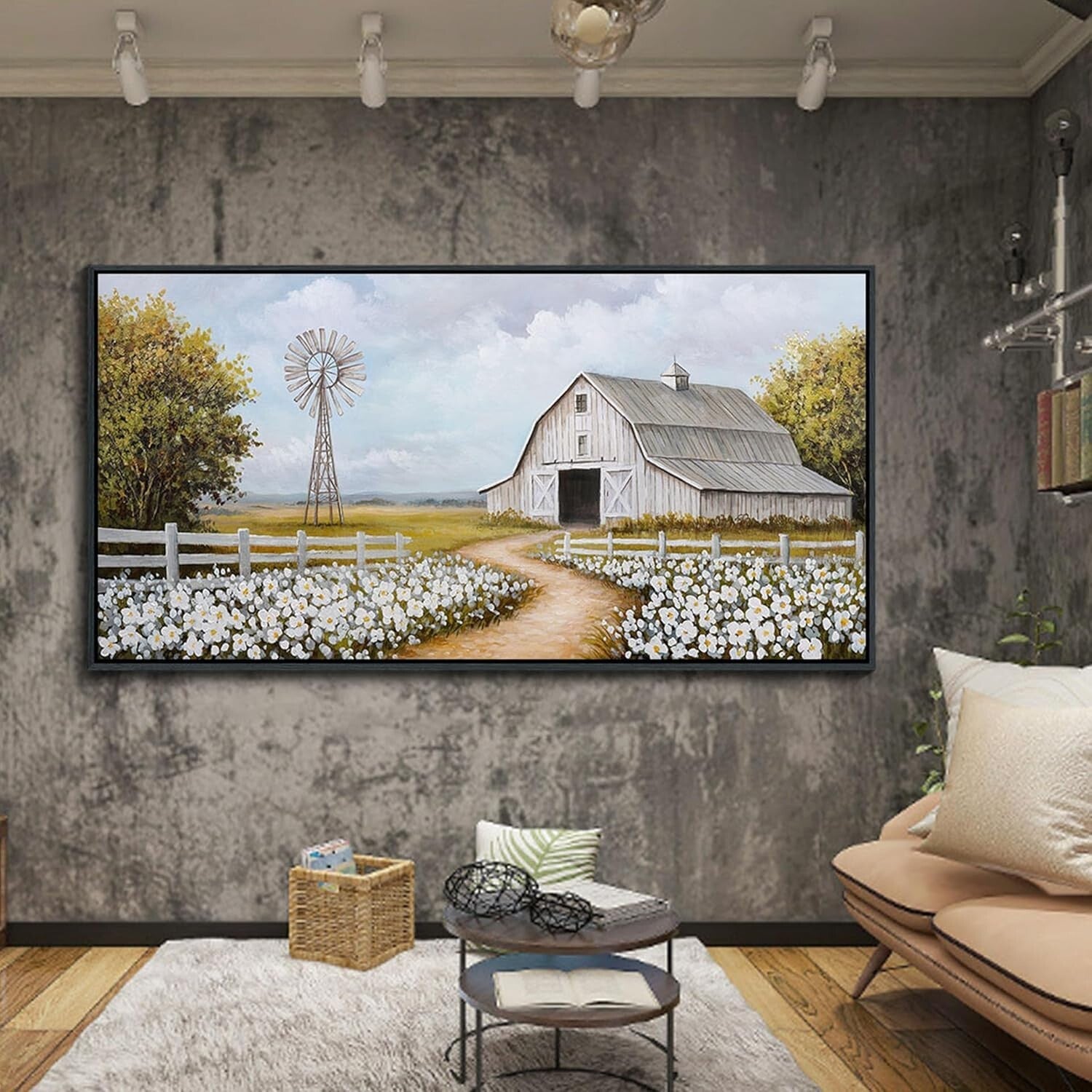 Large Retro Landscape Canvas - Wildflower Meadow with Windmill & Barn, 29x58in