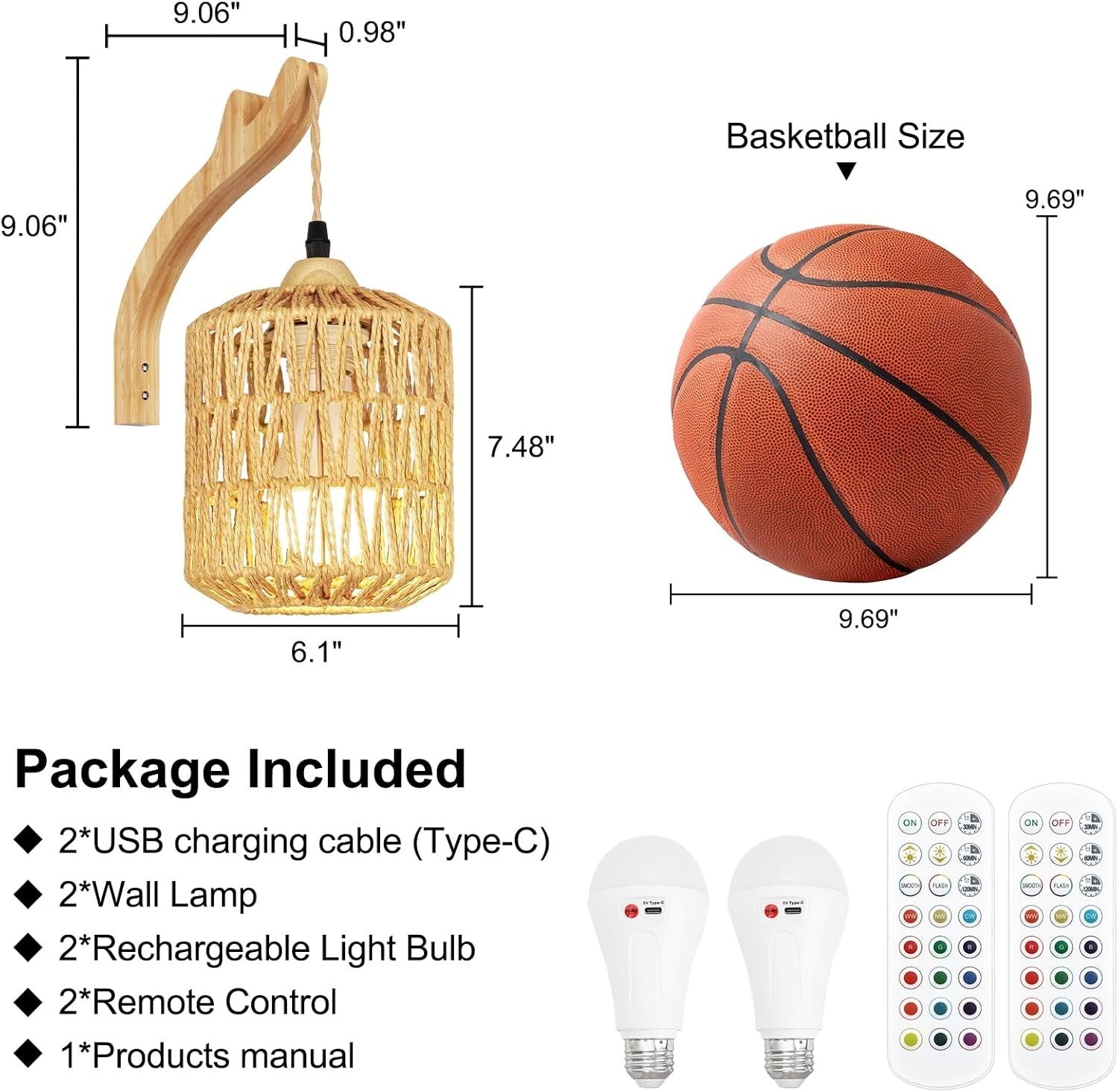 Frideko Boho Rechargeable Wall Sconces Set of 2 with Remote – RGB Dimmable Light