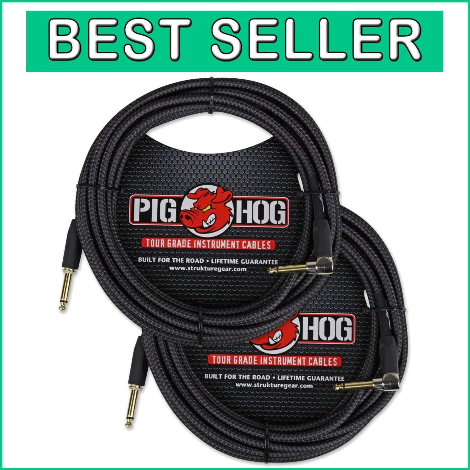 2-Pack 20ft Black Woven Instrument Cable with Gold Plated Right Angle Connectors