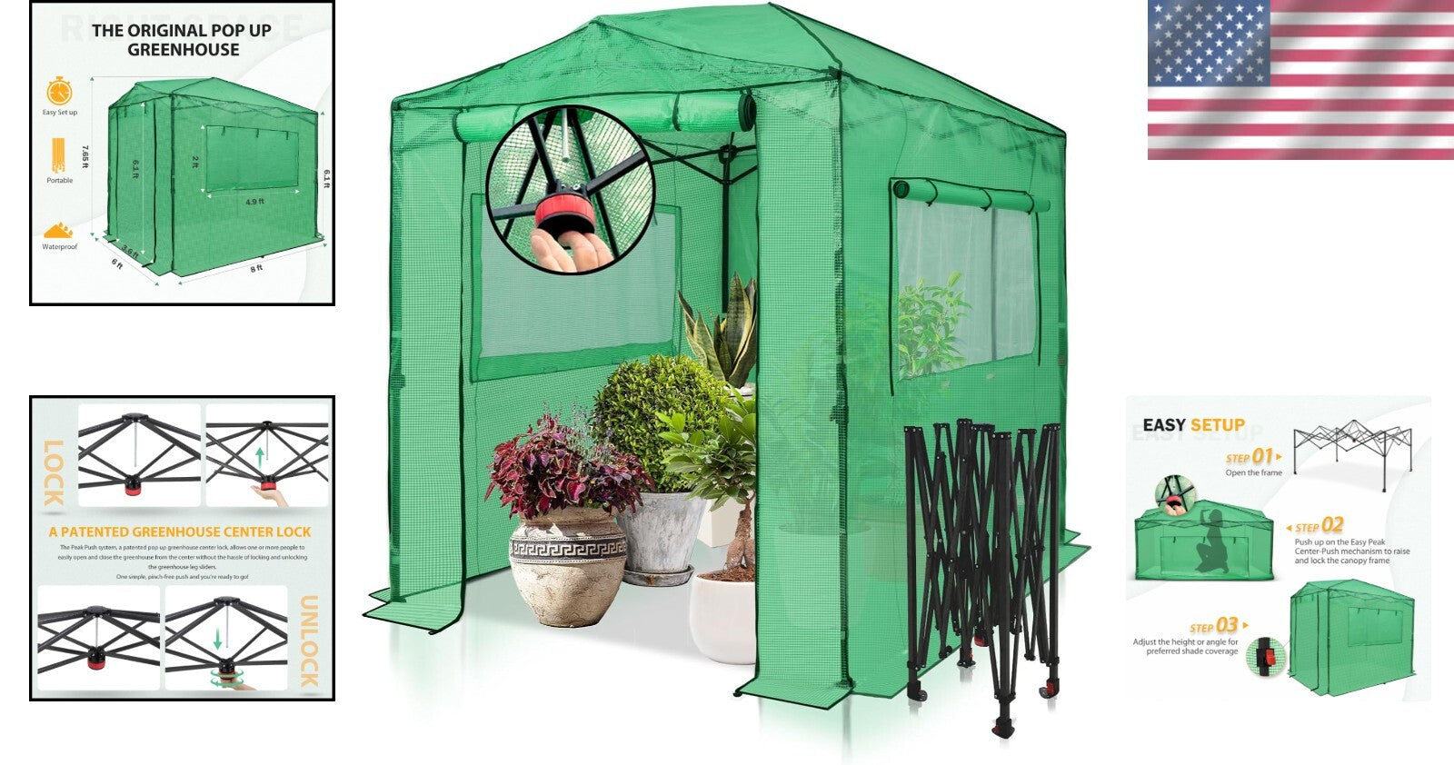 8x6 Portable Walk-In Greenhouse with Easy Setup, Zippered Doors, and Vents