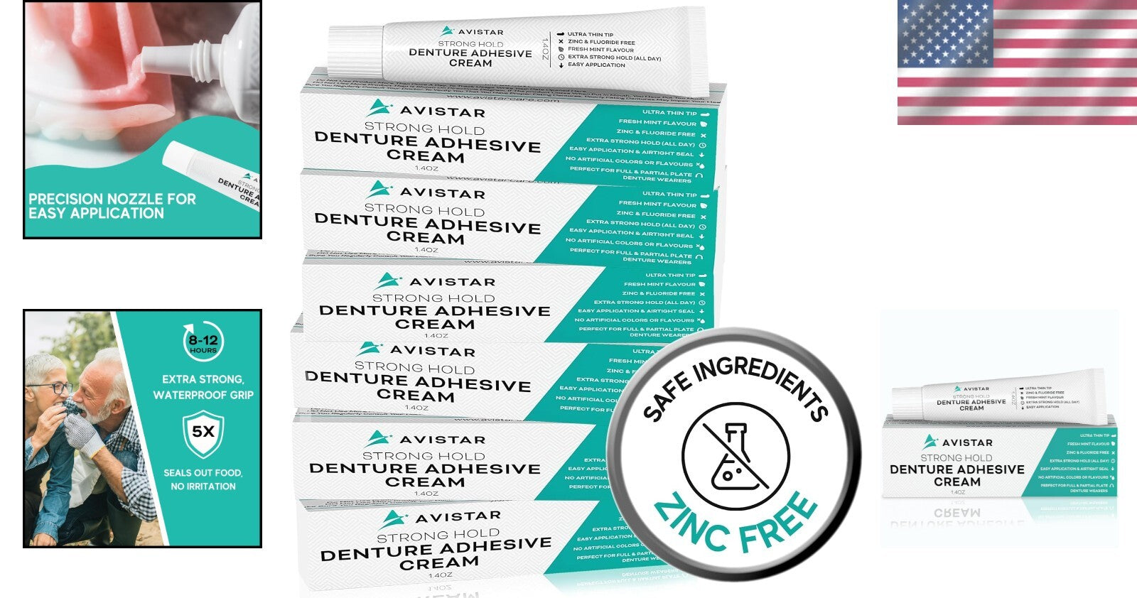 Extra Strong Denture Adhesive Cream, 12-Hour Hold, Waterproof Mint Flavor 6-Pack