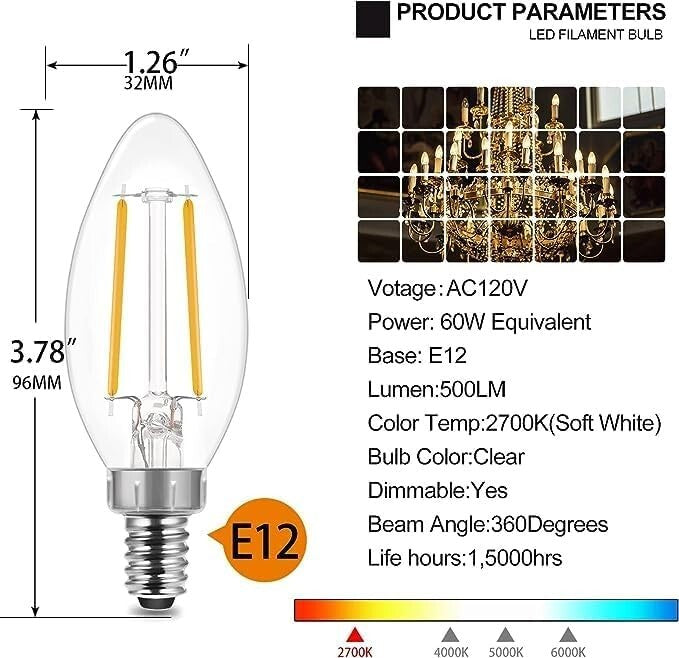 Dimmable Soft White LED Bulbs B10, 60W Equivalent - Elegant Chandelier Lighting