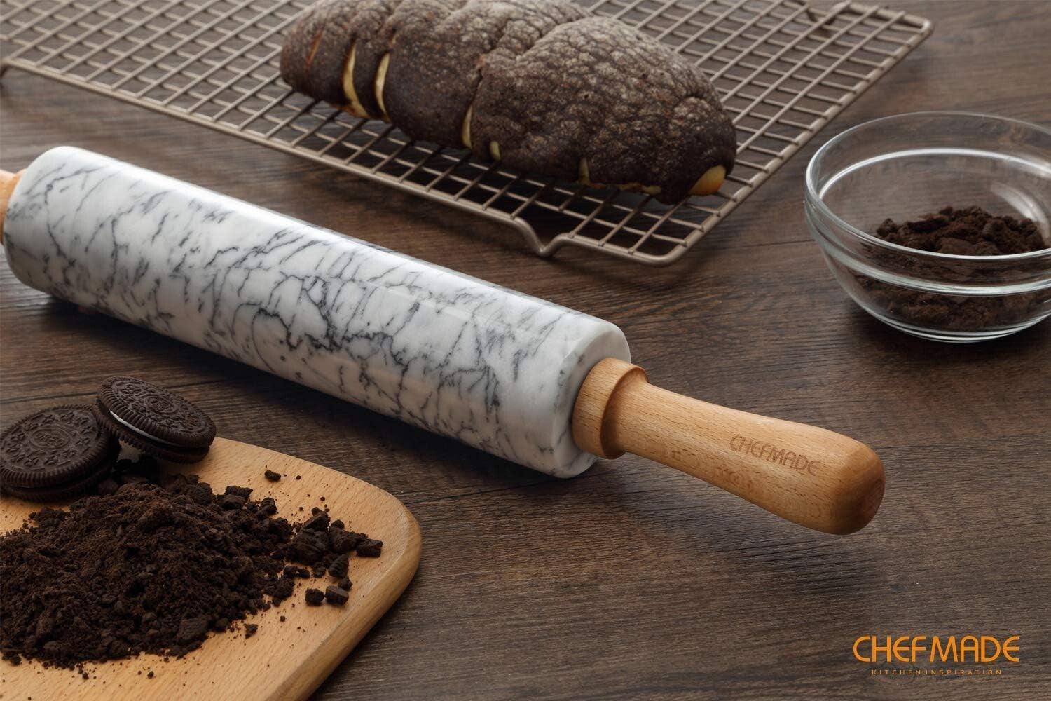Elegant 18-Inch Marble Rolling Pin with Wooden Handles - Non-Stick Gray & White