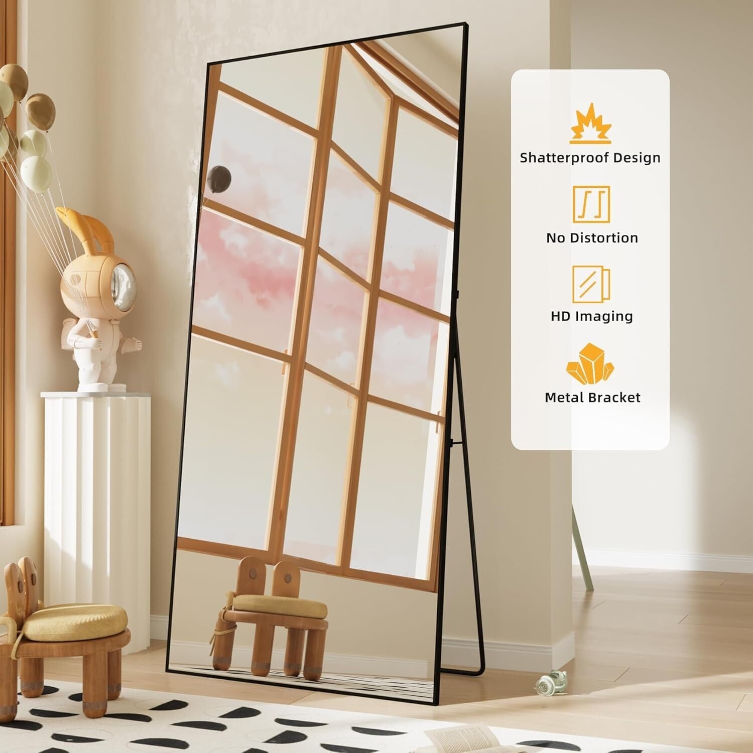 Elegant 65" Full-Length Mirror with Black Aluminum Frame - Dual Mounting Options