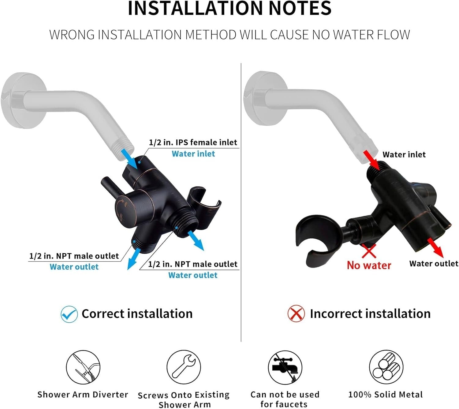Elegant Oil Rubbed Bronze 3-Way Shower Arm Diverter with Solid Metal Holder