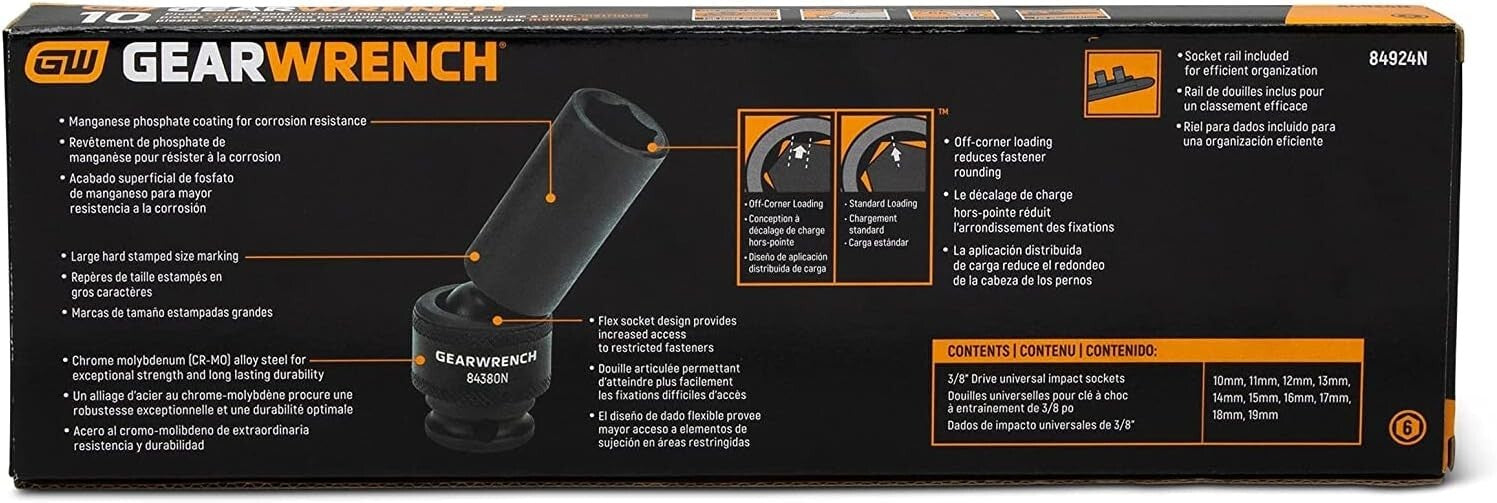 10-Piece Chrome Molybdenum Impact Socket Set - 3/8 Inch Drive, Off-Corner Design