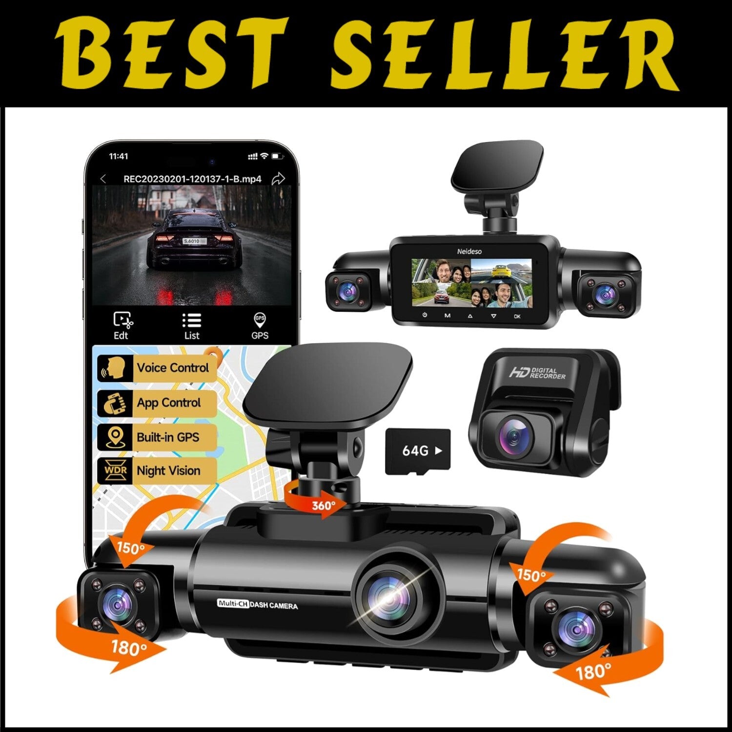 Wi-Fi Connected 360° Dash Cam with Voice Control & 24-Hour Parking Surveillance