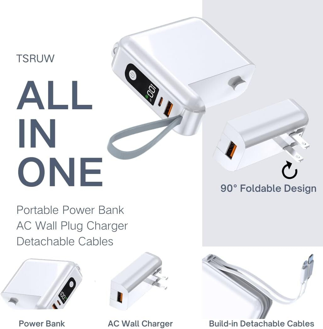 4-in-1 LED Display Power Bank with Built-in Cables - Lightweight & Travel Ready