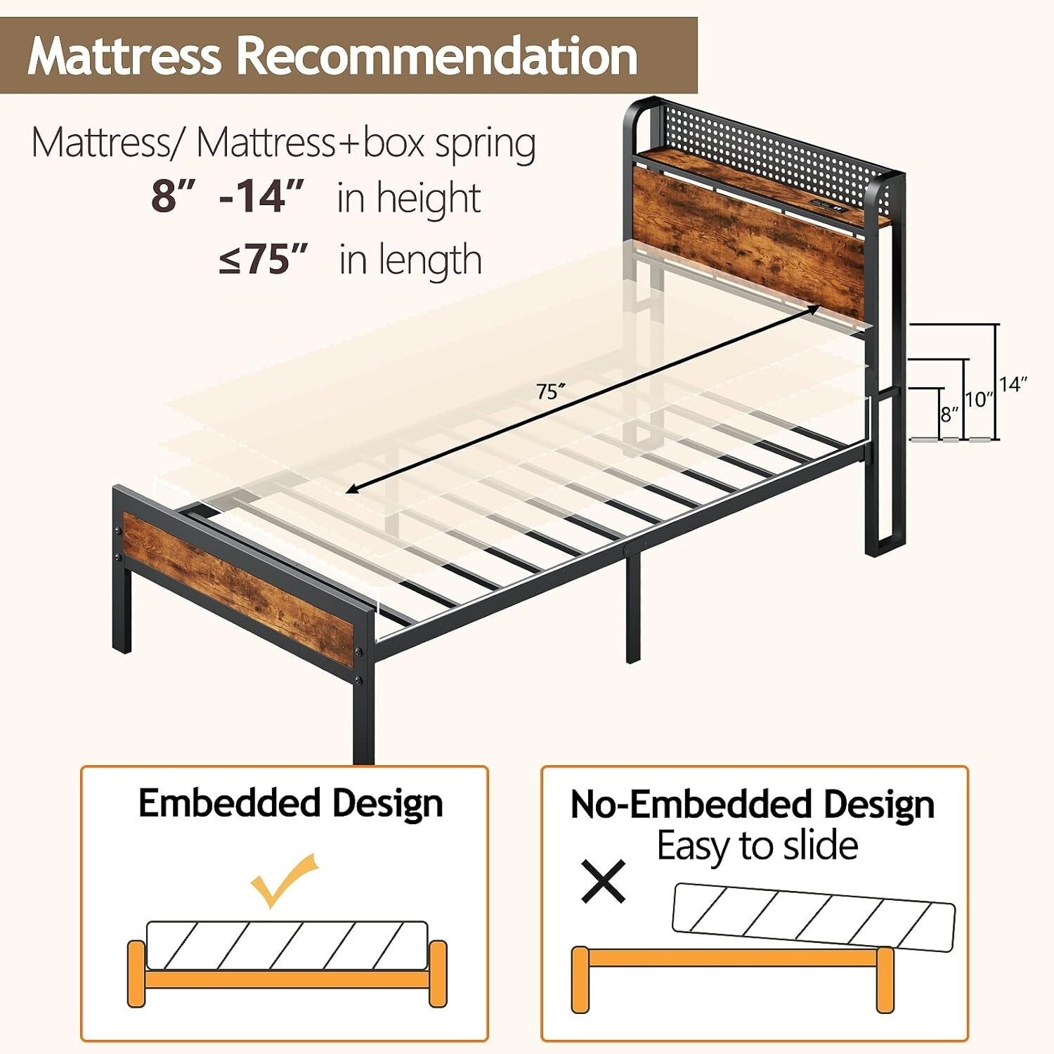 Functional Twin Bed Frame with LED Lights, Wood Headboard & Under-Bed Storage