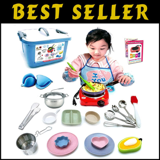 22-Pc Kids Cooking Set - Mini Kitchen Burners, Apron & Utensils for Ages 6-12