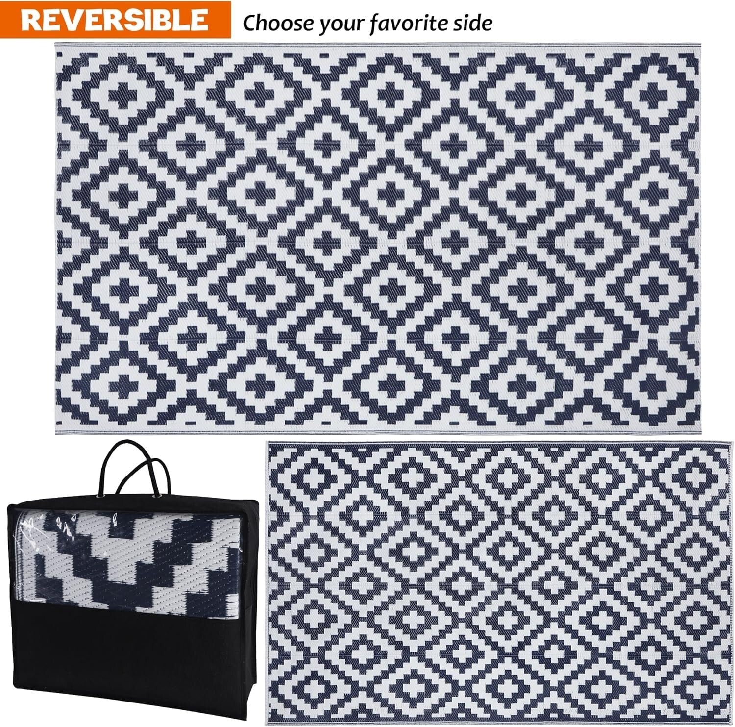 Sophisticated Dark Blue & White 5' x 8'' Outdoor Rug - UV Stabilized Design