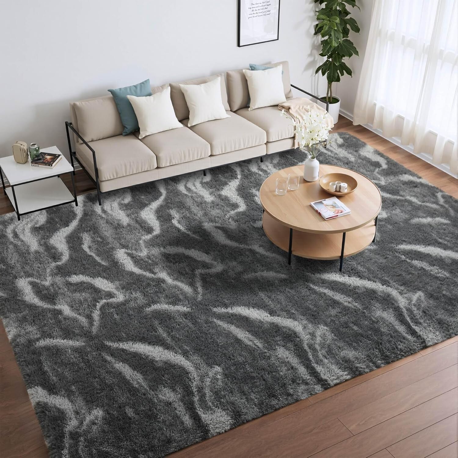 Elegant Black & White Shag Rug, 6x9 Feet Soft Velvet for Cozy Living Spaces