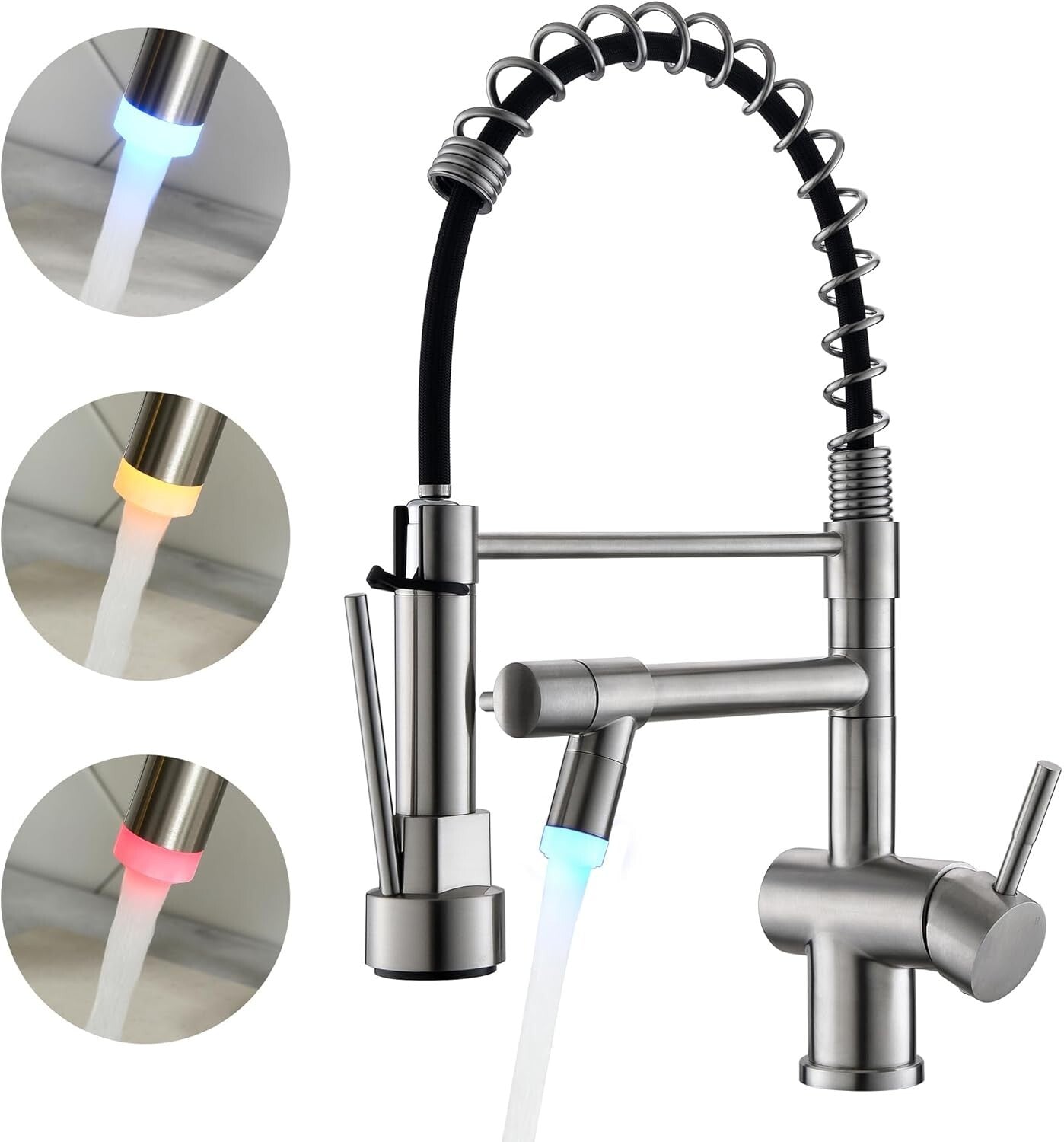 Durable Stainless Steel Kitchen Faucet with Dual Spouts & LED Temp Indicator