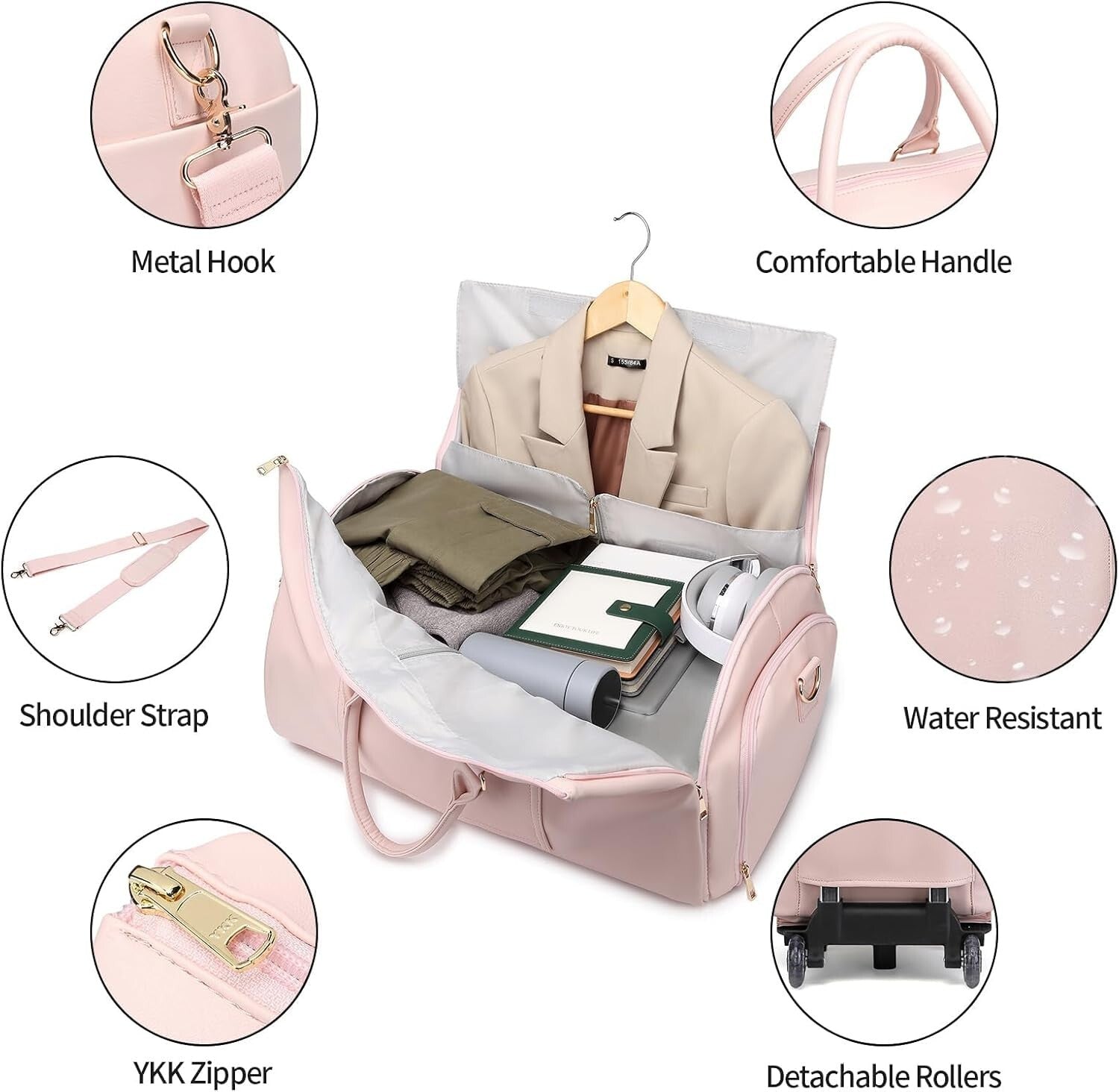 Extra Large Capacity Rolling Garment Bag - Pink Travel Duffle with Shoe Pocket