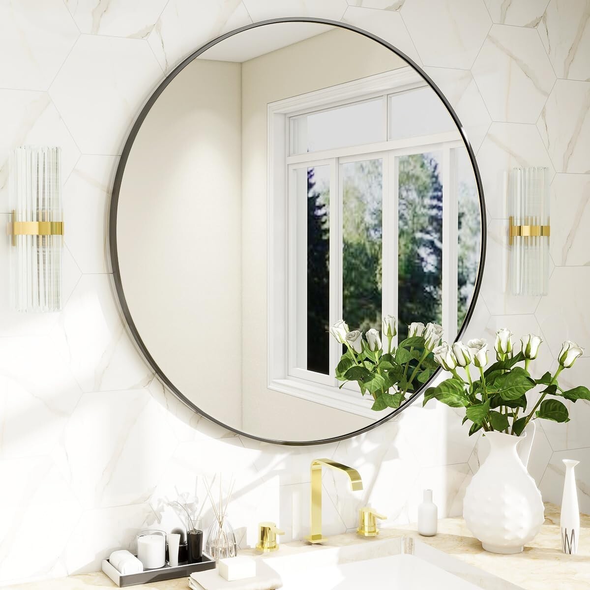 Elegant 24 Inch Round Mirror with Black Metal Frame for Modern Home Decor