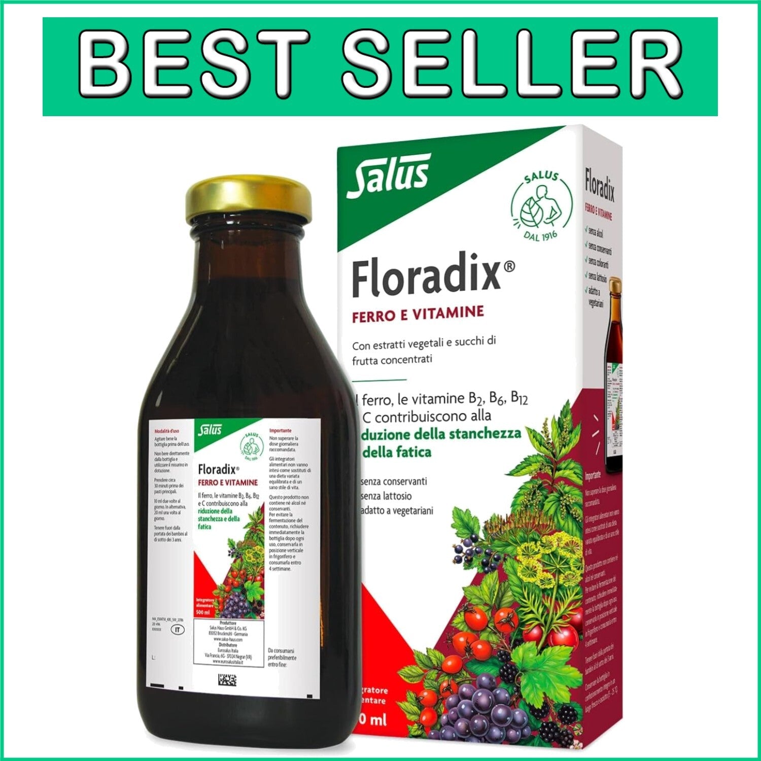 Floradix Iron + Herbs – Convenient 500 ML for Energy Boost & Healthy Metabolism
