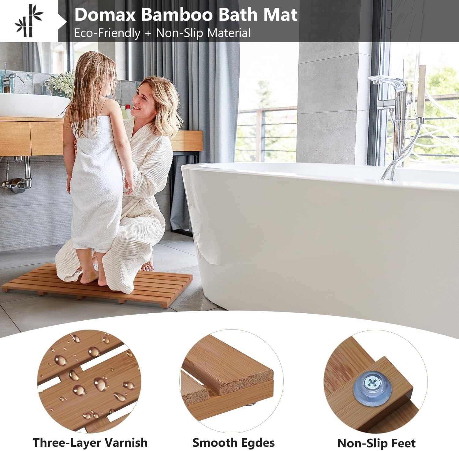 Durable Walnut Bamboo Shower Mat - Large Non-Slip Waterproof Design, 31.3 x 18.1