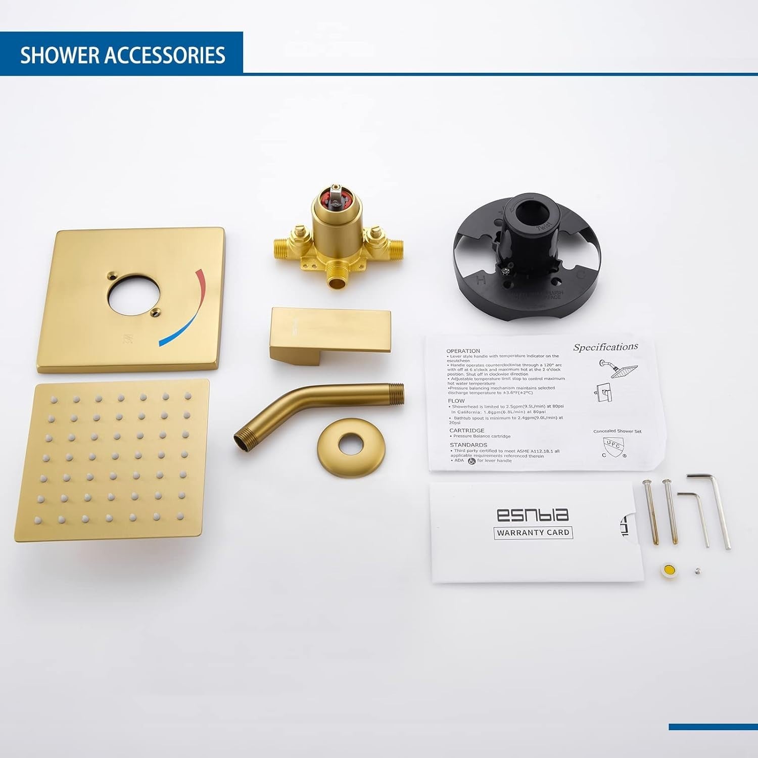 Brushed Gold Shower Faucet Set - Rain Shower Head, Valve & Trim Included