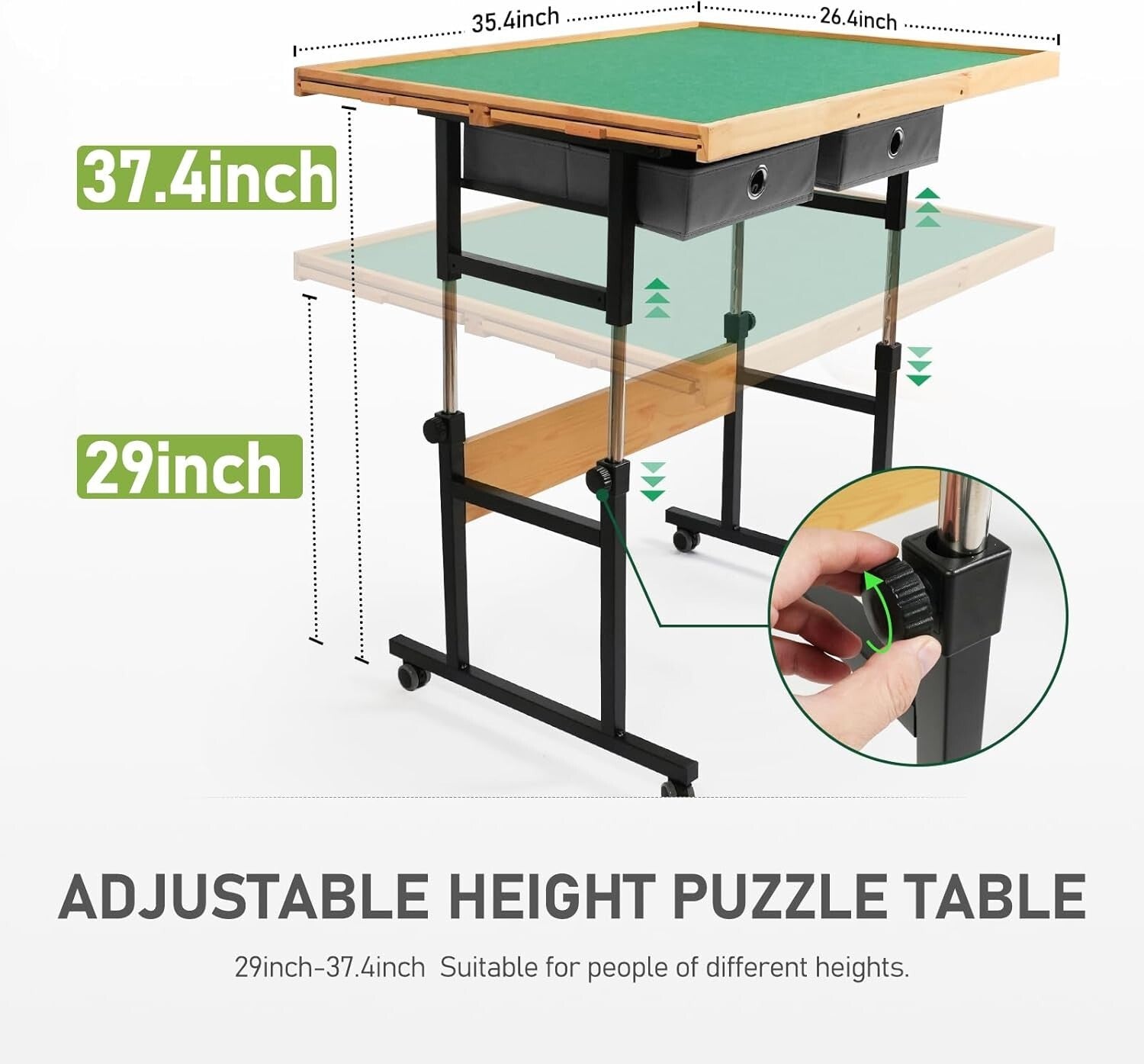 Ergonomic Puzzle Table with Lockable Wheels and Deep Storage Drawers – 29"-37.4"