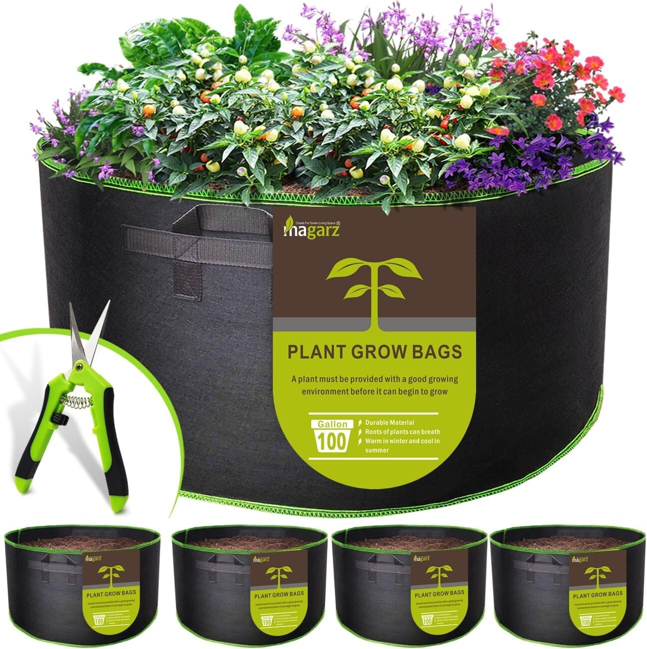 Durable Nonwoven 100 Gallon Grow Bags with Handles - 4-Pack Garden Solutions