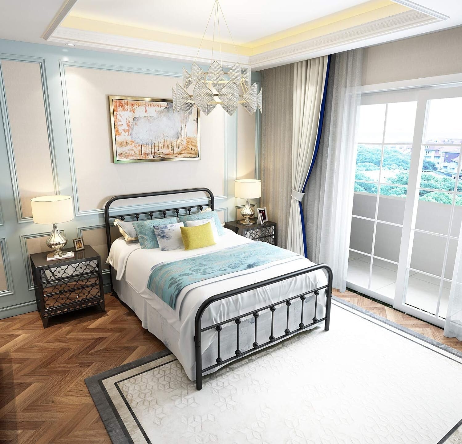 Powder Coated Full Size Bed Frame with Headboard - Space-Saving Storage Solution