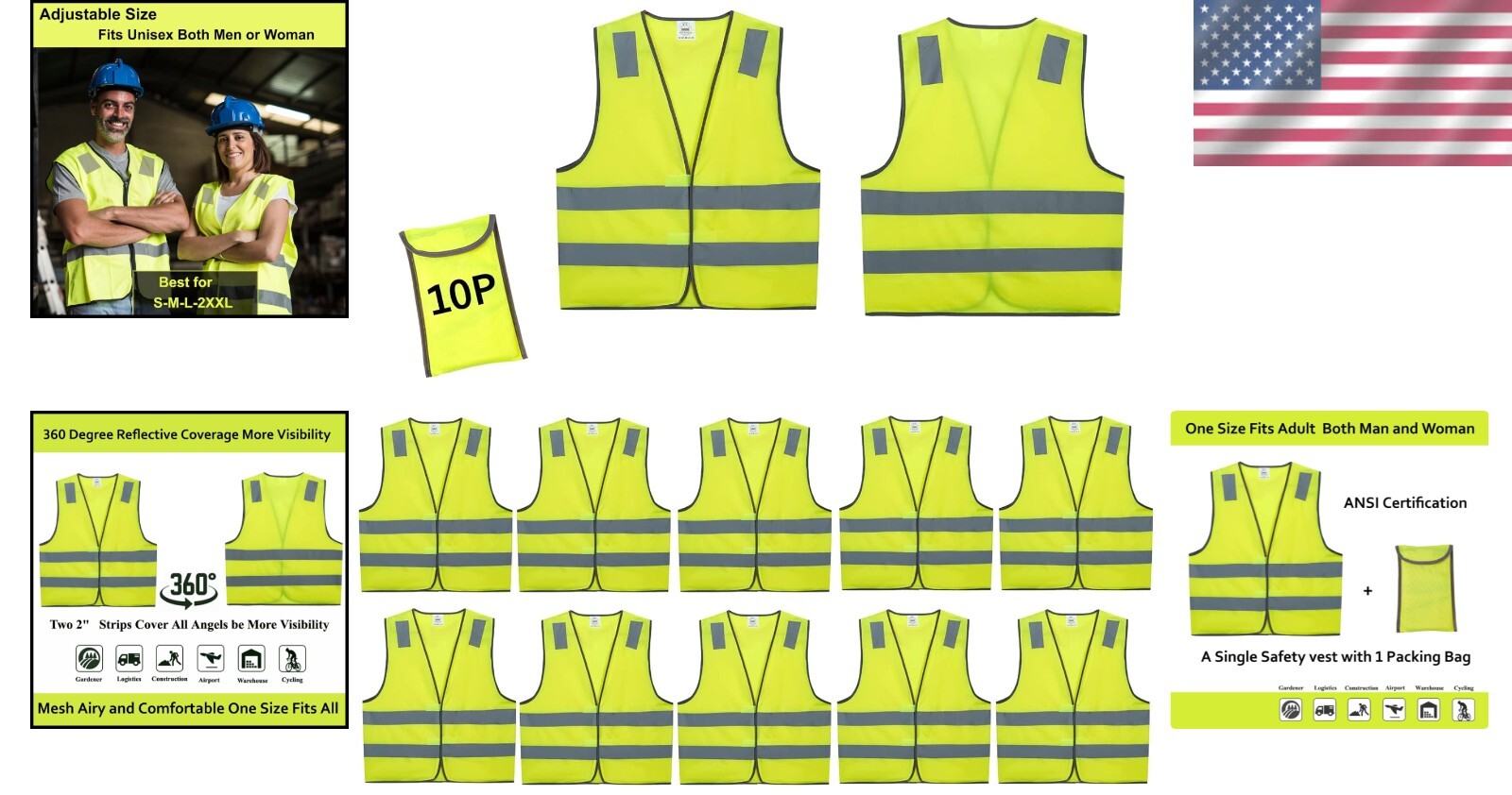 20 Pack Yellow Reflective Safety Vests - ANSI Class 2 High Visibility Gear