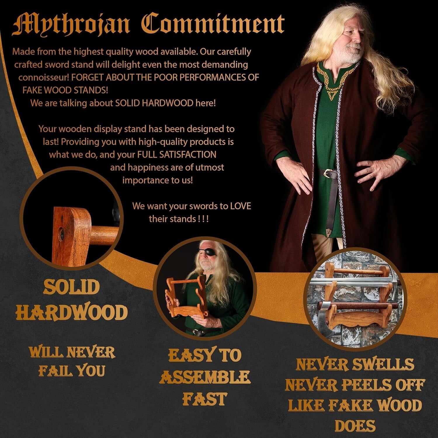 Elegant Two-Tier Solid Wood Sword Display Stand for Katana & Medieval Swords