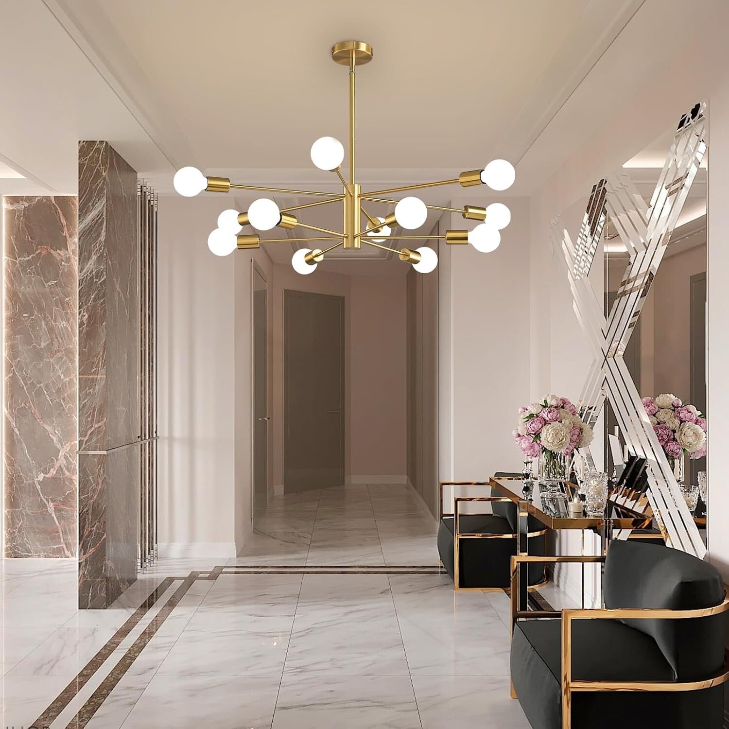 Adjustable Height Gold Chandelier - 12-Light Ceiling Fixture for Modern Homes