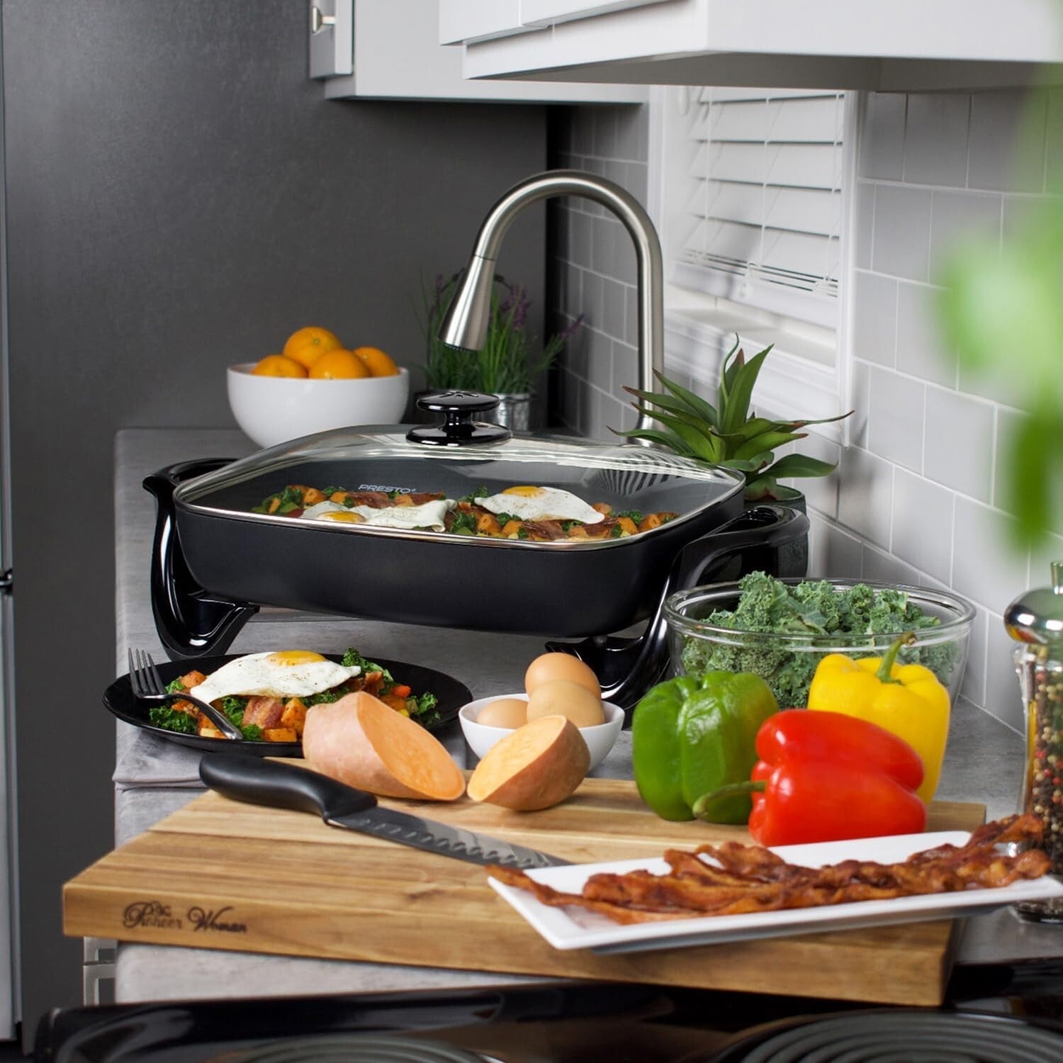 Versatile 16-Inch Electric Skillet with PFAS Free Nonstick Surface & Glass Lid