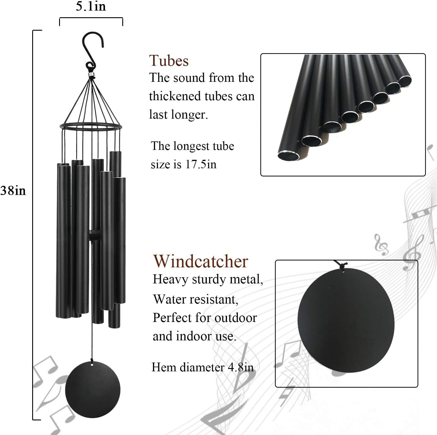 Elegant Black Wind Chimes 38” - Waterproof, Adjustable for Gardens & Memorials