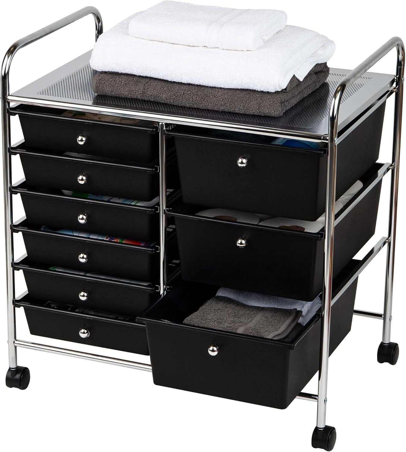 Durable Metal Utility Cart with 9 Drawers - Space-Saving Storage in Black/Silver