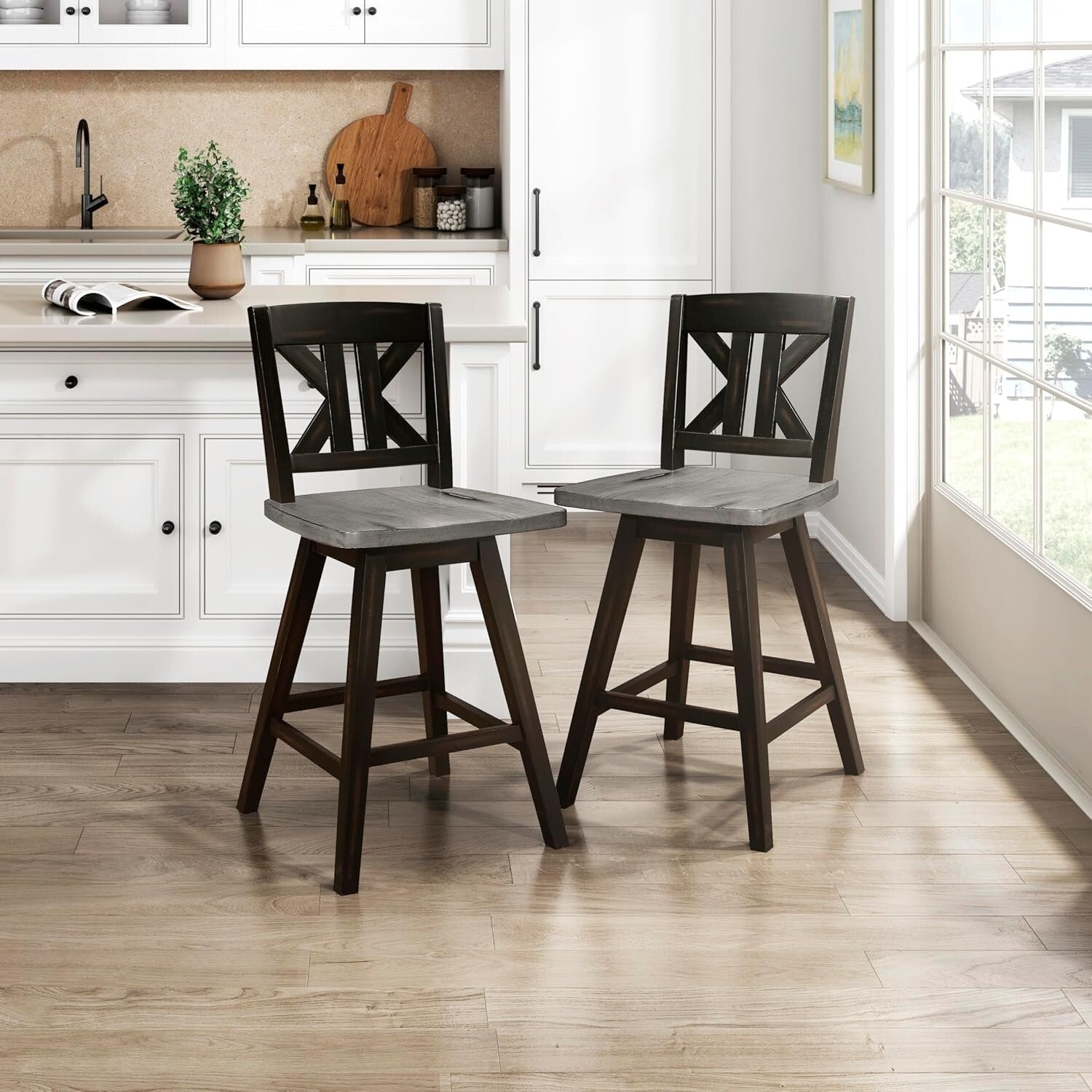 Elegant Black X-Back Swivel Bar Stools - Counter Height Set of 2 for Kitchen