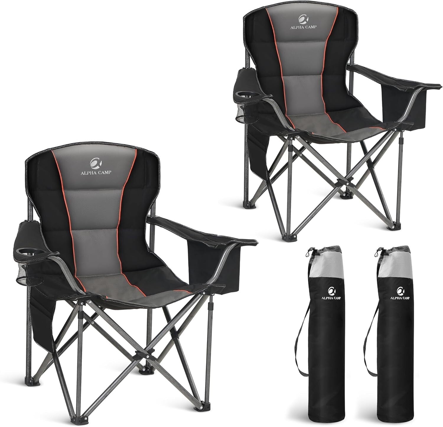Ergonomic Padded Folding Camping Chair with Cooler & Cup Holder - Twin Pack
