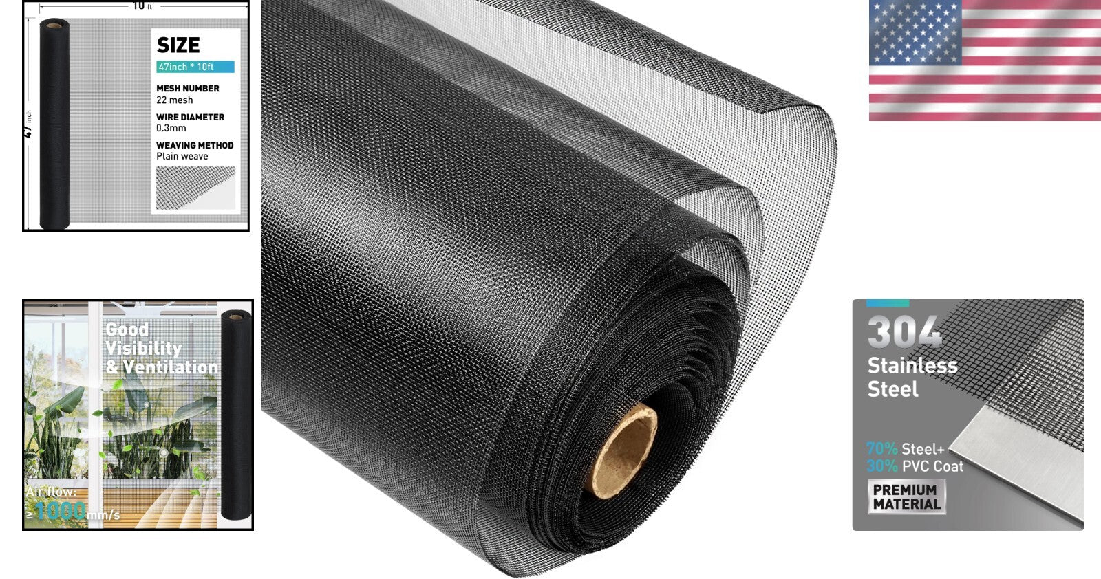 Customizable 22 Mesh Metal Window Screen Roll - 47IN x 10FT, Black Finish