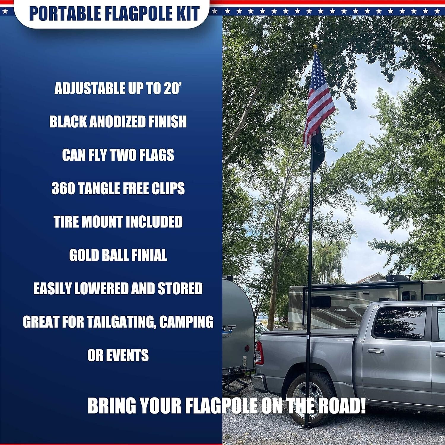 20FT Tailgate Flag Pole Kit with Stainless Steel Mount & Car Protector Pad
