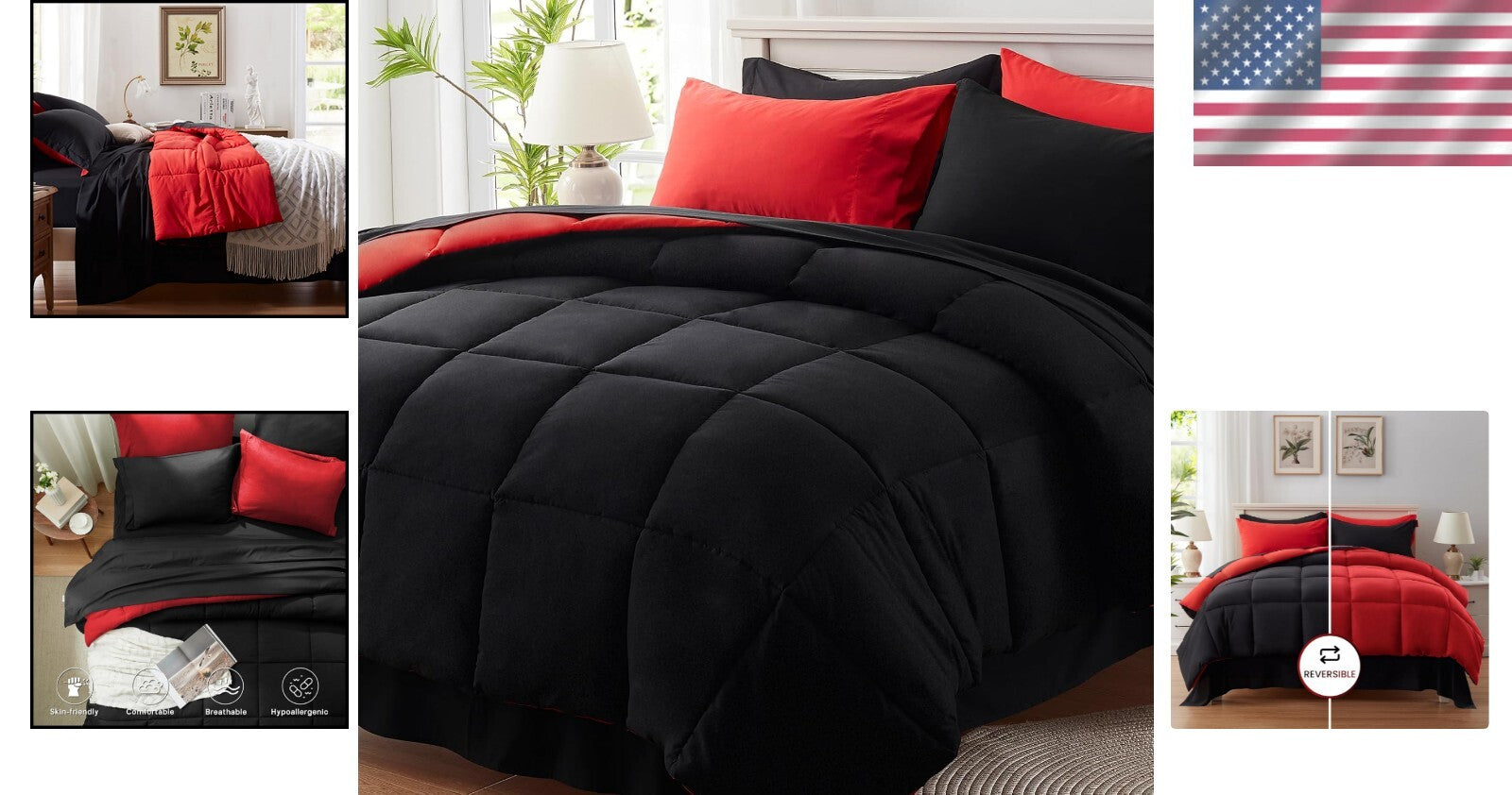 7-Piece All-Season Bedding Set with Black & Red Microfiber Comforter - Cal King