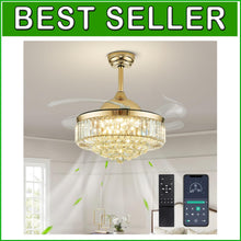 Load image into Gallery viewer, Modern Gold Crystal Ceiling Fan with Dimmable LED Lights, 42" Retractable Design