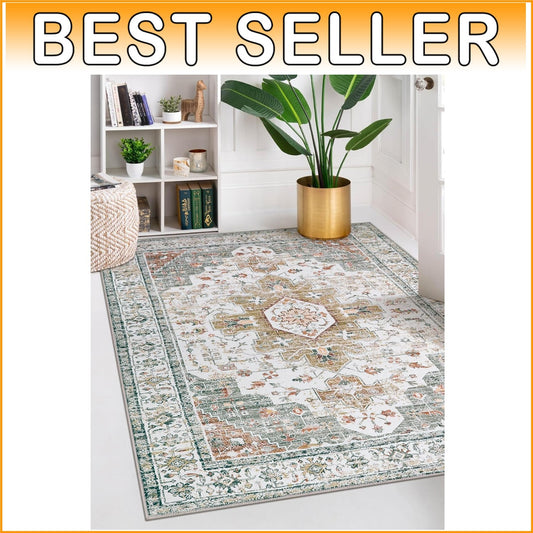 Machine Washable Area Rug 5' x 7' - Non-Slip Vintage Floral Carpet for Any Room