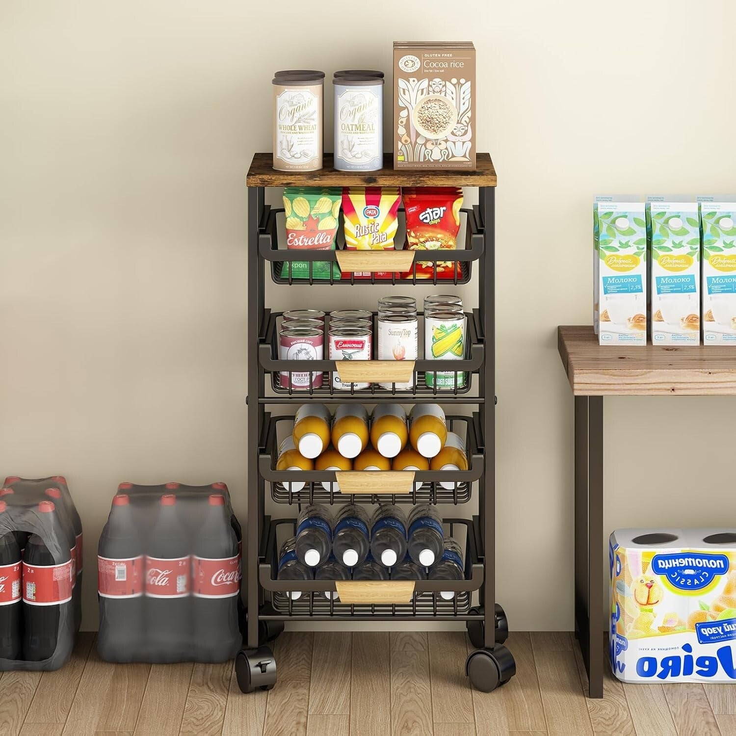 Rolling Vegetable Storage Cart with Wooden Top - 4 Tier Organization for Kitchen