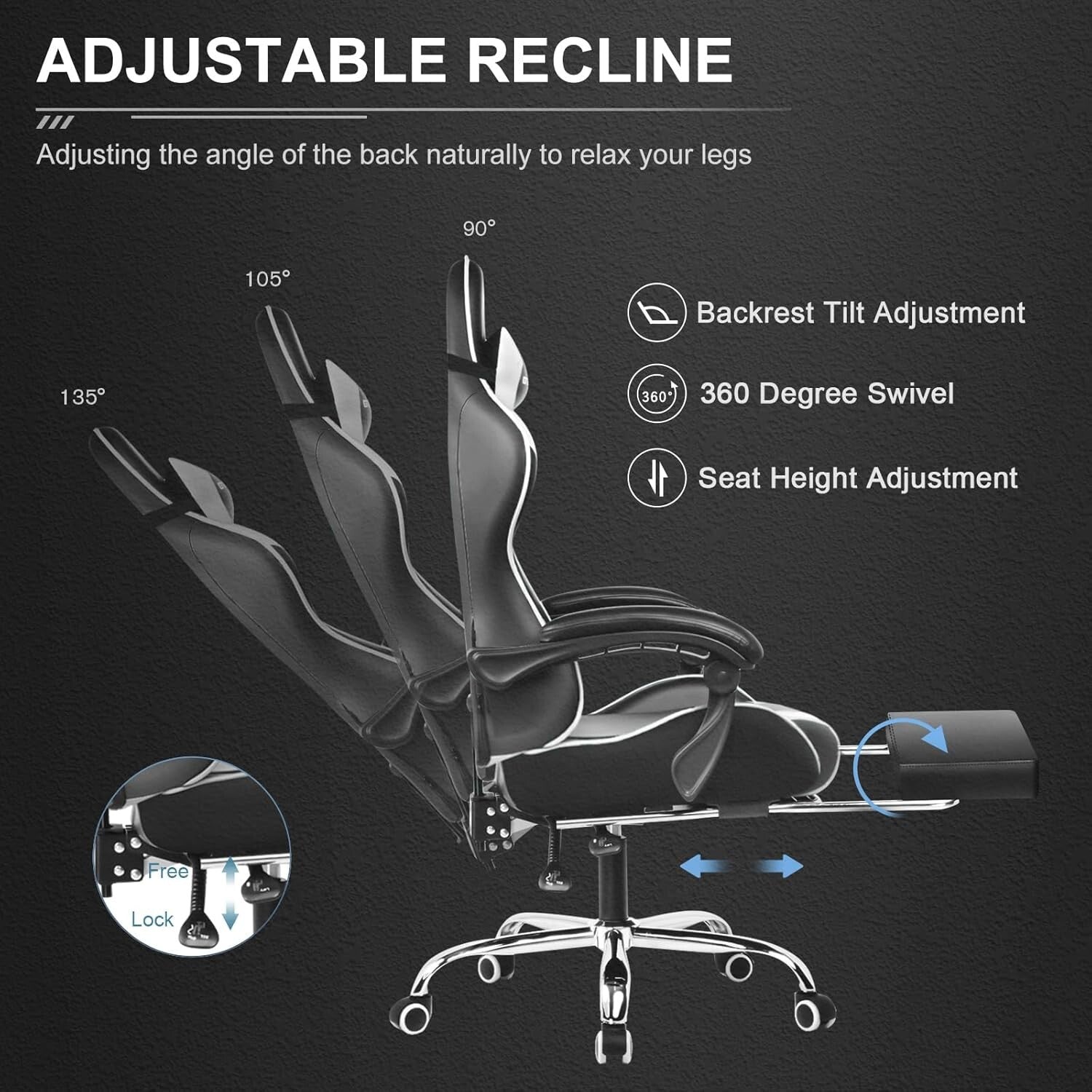 Ergonomic Gaming Chair with Footrest & Lumbar Support - Height Adjustable White