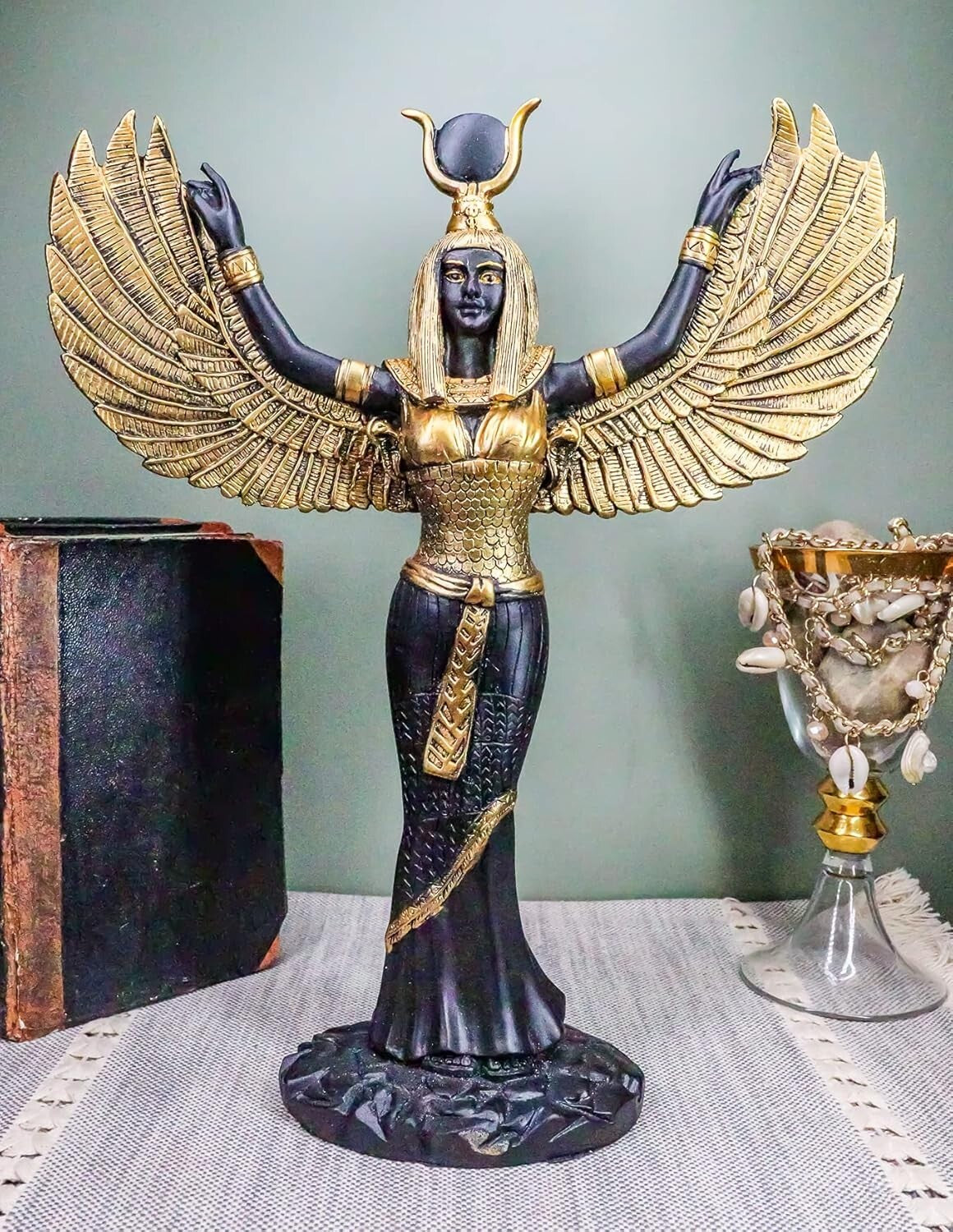 Handcrafted Isis Goddess Statue - 12" Open Wings Decor in Elegant Black & Gold