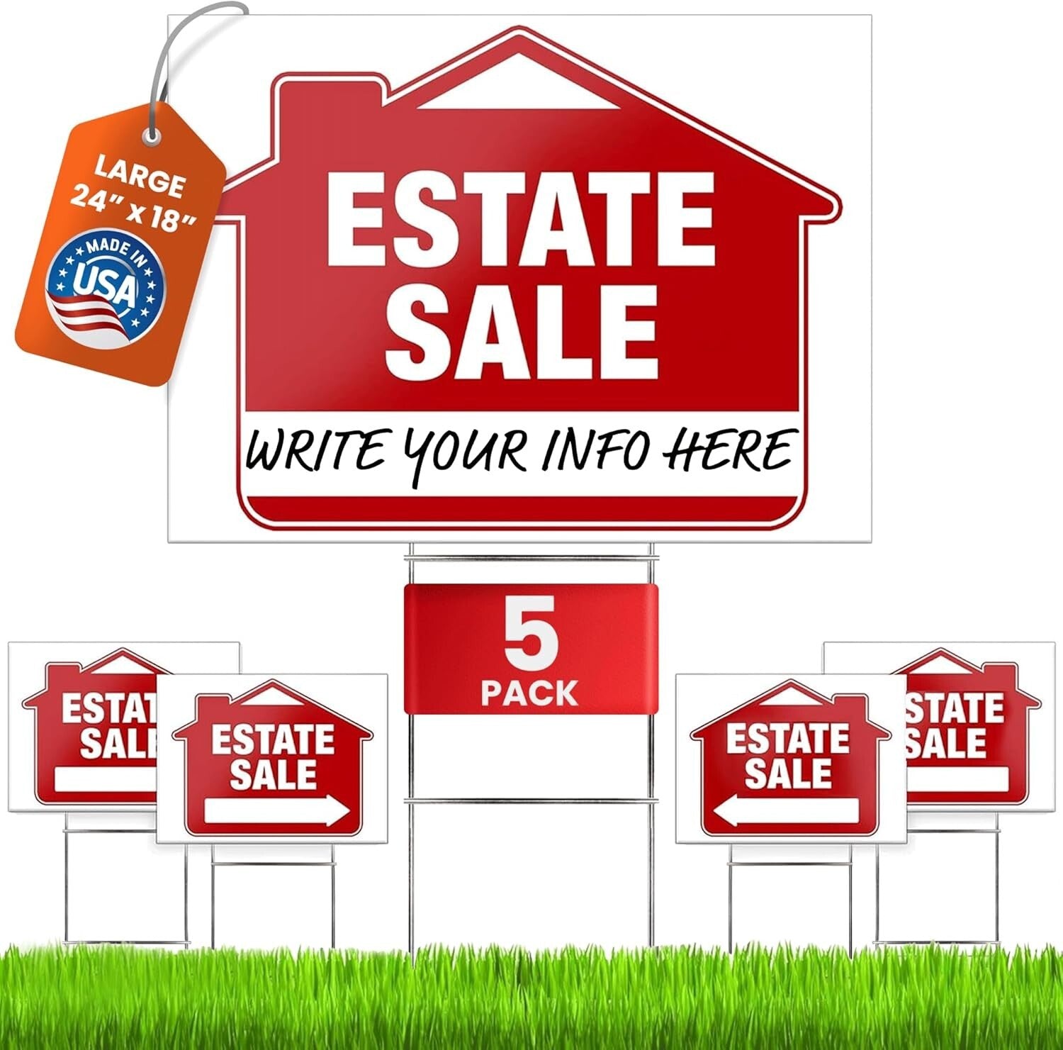 Directional Estate Sale Signs 5 Pack 24" x 18" Double-Sided with Steel Stakes