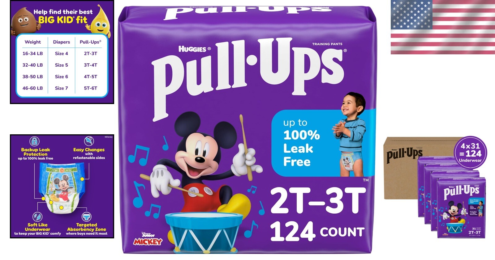 Boys' Potty Training Pants 2T-3T, 124 Count - Leak-Free with Disney Designs